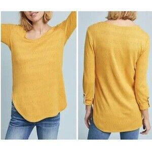 Anthropologie Akemi Kin Mustard Women's S Pointelle Long Sleeve Roll Tab Top